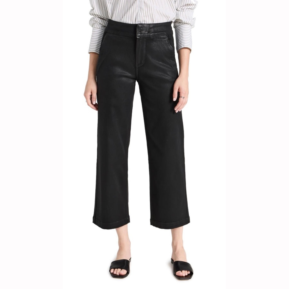 PAIGE Nellie Coated Black High Rise Wide-Leg Cropped Pants